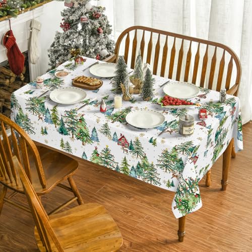 Christmas Tablecloth 60 x 84 Inch Rectangular Red House Deer Green Variation