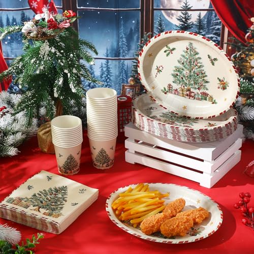 Christmas Paper Plates Cups Napkins Set - 150 Pcs Oval Holiday Tableware