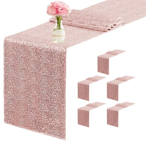 Rose Gold Sequin Table Runner Set - 6 Pieces 12x72 Inches for Weddings & Events