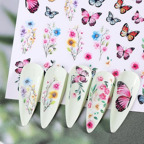 CHANGAR Flower Nail Art Stickers - 8 Sheets Colorful Floral Butterfly Decals