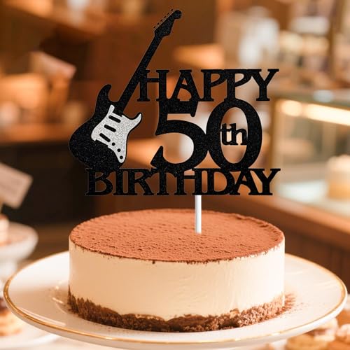 Guitar-Themed 50th Birthday Cake Topper - Black & Silver Glitter