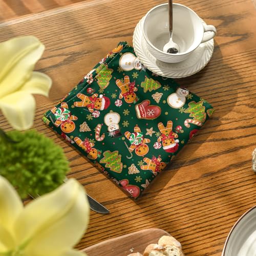 Christmas Cloth Napkins 18x18 Inch Set of 6 - Green Gingerbread Snowman Holiday Decor