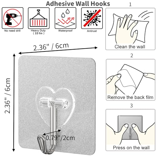 DGYB Silver Heart-Shaped Heavy Duty Adhesive Wall Hooks, 22lb, Set of 20