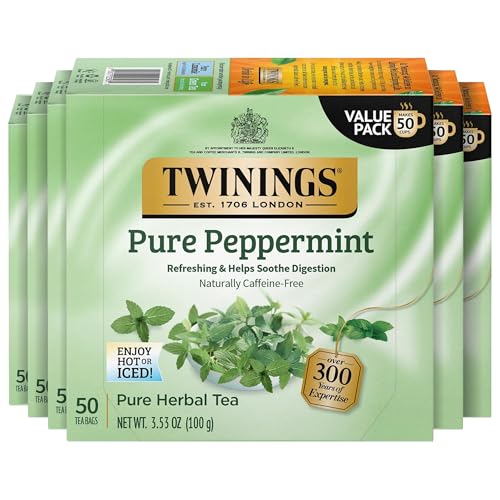 Twinings Peppermint Herbal Tea Bags - 50 Count, Pack of 6, Caffeine-Free, Fresh Mint Flavor, Individually Sealed for Hot or Iced Tea