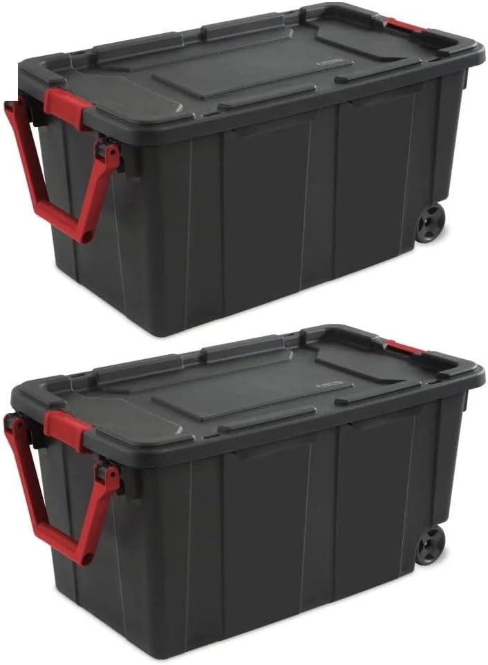 40 Gallon Wheeled Industrial Tote - Durable Black Plastic Storage Bin | Set of 2