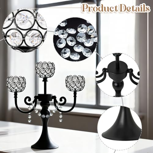 Black 3-Arm Metal Candelabra with Crystal Bowls - Elegant Table Centerpiece