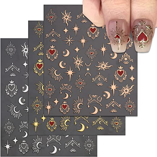 TailaiMei Valentine's Day Star Moon Gold Heart Nail Stickers 3 Sheets