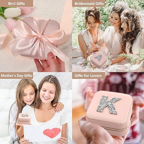 CHMI Travel Jewelry Case Small Leather Organizer Box with Mirror for Women Pink Initial