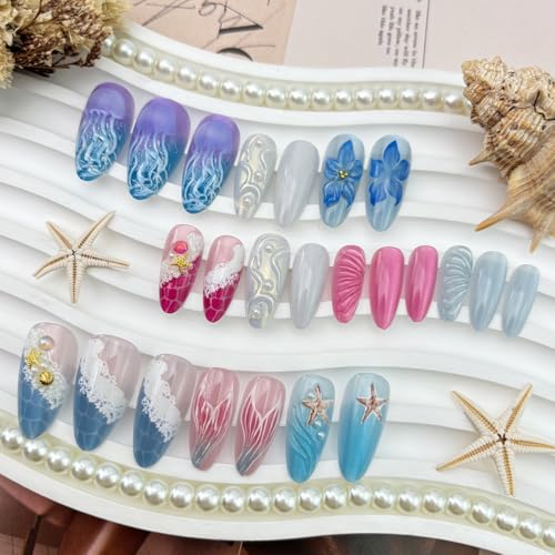 GUAACCB Medium Almond Press on Nails Summer Beach Fake Nails