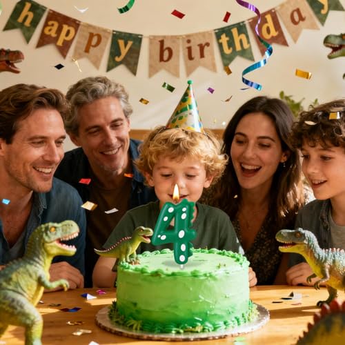 Dinosaur Number 4 Birthday Candle - Vibrant Green Cake Decoration