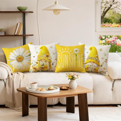 MODOVOS Spring Summer Floral Daisy Gnomes Throw Pillow Covers Set of 4