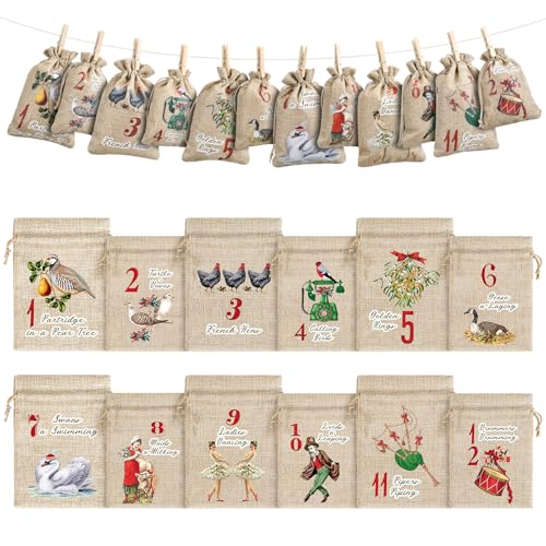 12Pcs 12 Days Christmas Countdown Advent Calendar Bags Classic - Reusable Burlap Holiday Decor