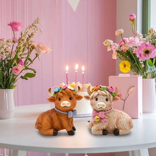 Spring Highland Cow Figurines - Set of 2 Farmhouse Decor