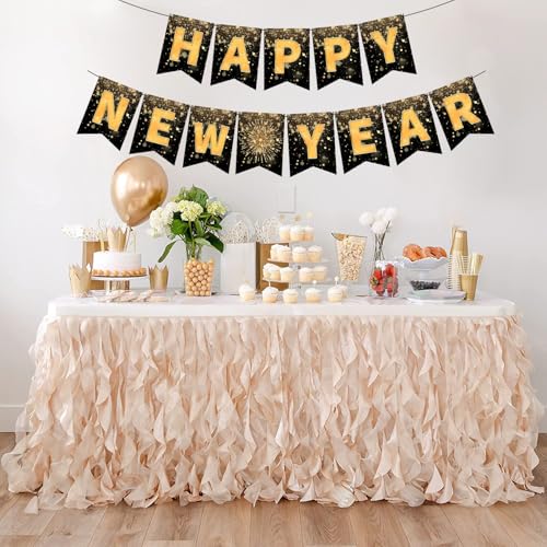 Happy New Year 2026 Banner | Elegant Black & Gold Party Decor