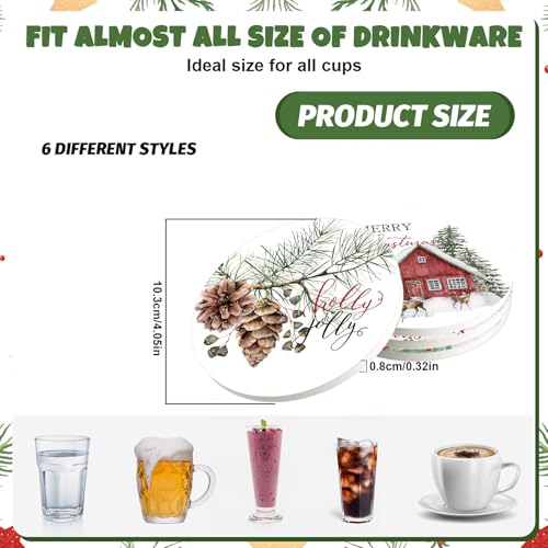 Christmas Ceramic Coasters Set with Holder - Watercolor Farmhouse Holiday Drink Mats