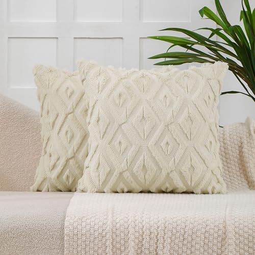 VAKADO Boho Velvet Throw Pillow Covers 18x18 - Set of 2 Beige