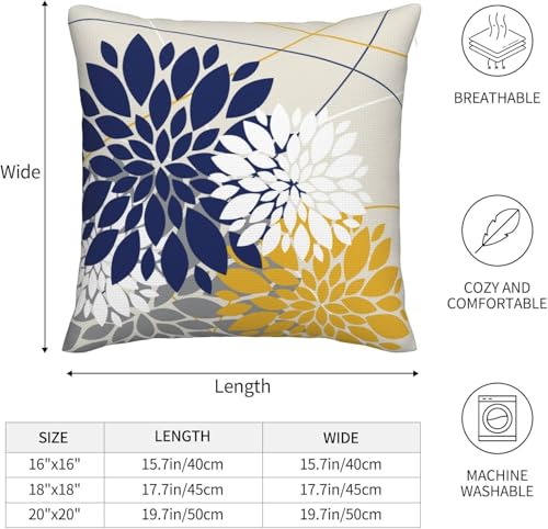 Navy Blue and Yellow Dahlia Floral Throw Pillow Covers - 18x18, Set of 2