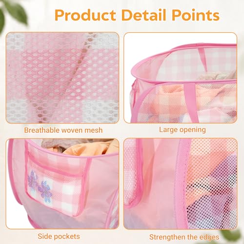 Sturdy Collapsible Laundry Basket with Pocket - Foldable Hamper for Kids Room, Dorm, and Travel - Check Print, Pink