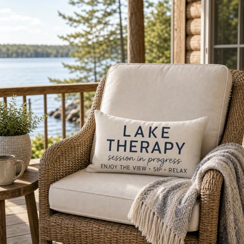 Lake Therapy Lumbar Throw Pillow Cover, 12x20 Inch Farmhouse Cream Decor