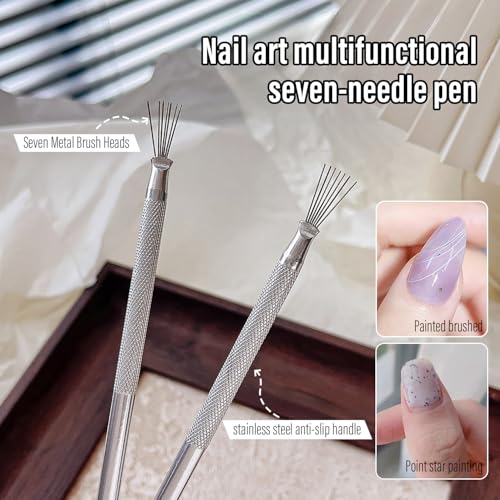 WOKOTO 2 Pcs Stainless Steel 7-Needle Nail Art Pens for Lines and Marbling