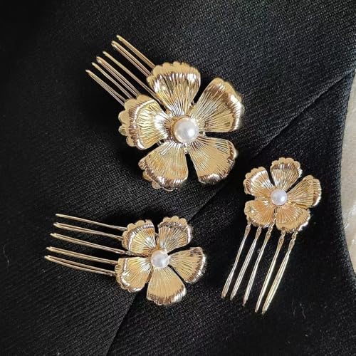 SICOPEE 3 Pack Vintage Gold Flower & Pearl Hair Combs for Wedding Bridal