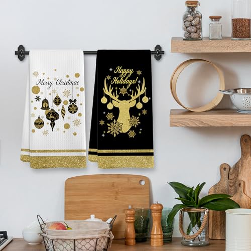 Christmas Reindeer Kitchen Towels Set of 2 - Black & Gold Holiday Decor