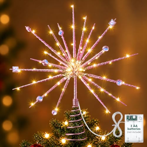 Pink Battery Operated Starburst Christmas Tree Topper Lighted - Mid Century Style