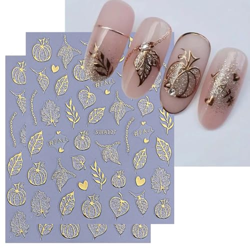 Autumn Nail Art Stickers - 6 Sheets 3D Gold Leaf Pumpkin & Maple Decals