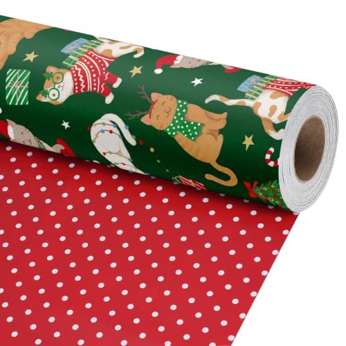 Reversible Christmas Cat Wrapping Paper Roll - 17 x 33 Ft, Holiday Gift Wrap, Pet Lover Gift Wrap, Pack of 1
