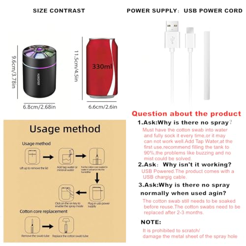 HKTOPCNE Black 180ml Portable USB Humidifier with Colorful Night Light, Auto Shut-Off, Quiet Mist for Home Car Office Travel