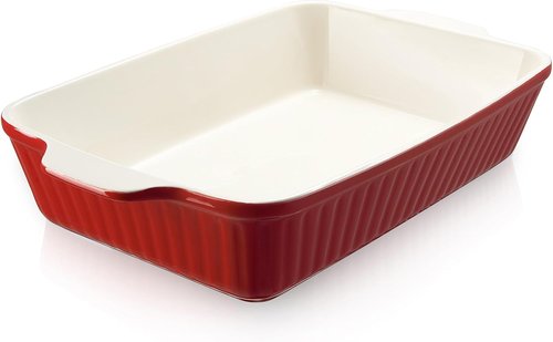 DOWAN 9x13-Inch Deep Casserole Baking Dish - 135 oz Ceramic Pan with Handles, Oven Safe, Red