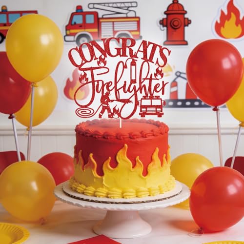 2026 Firefighter Graduation Cake Topper - Red Glitter Decor