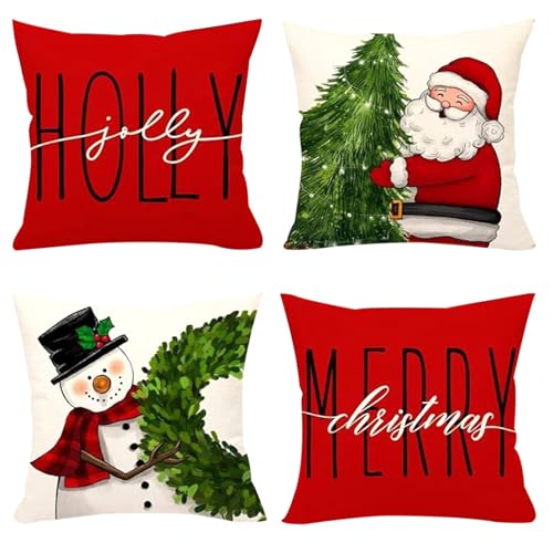 Christmas Pillow Covers Set of 4 - 18x18 Inch Santa & Tree Designs