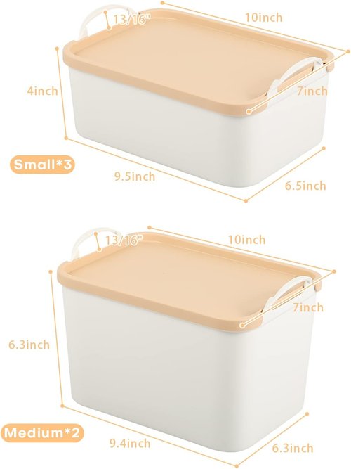 ANMINY Plastic Storage Bins - 5PCS Large Lidded Containers for Closet & Desktop Organization | Wheat Lids
