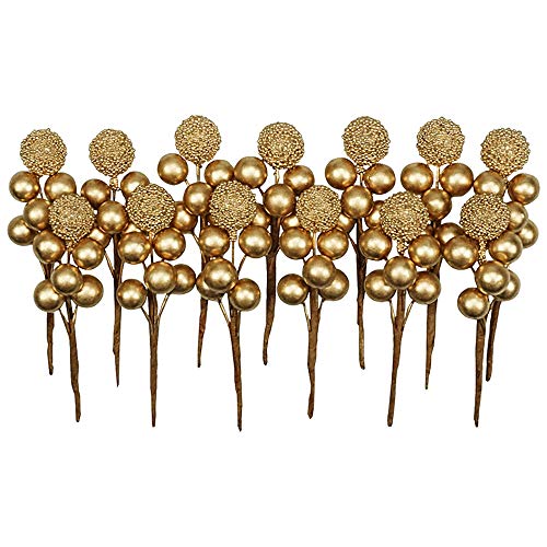 Artificial Gold Holly Berry Stems for Christmas Wreaths and Decorations - 20 Pack
