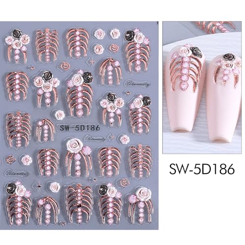 Qdsuh 5D Embossed Skull Halloween Nail Art Stickers Gold Rose Gold
