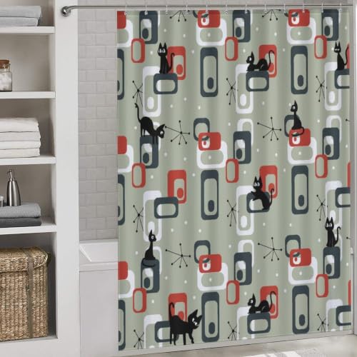 Mid Century Modern Cat Shower Curtain - Waterproof 72x72