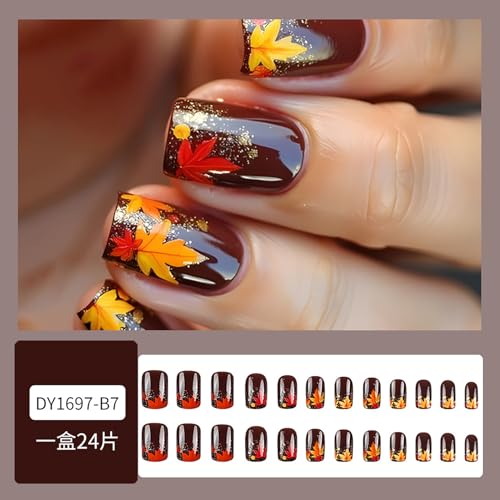 Maple Leaf Short Square Press on Nails Thanksgiving Acrylic False Nails 24Pcs
