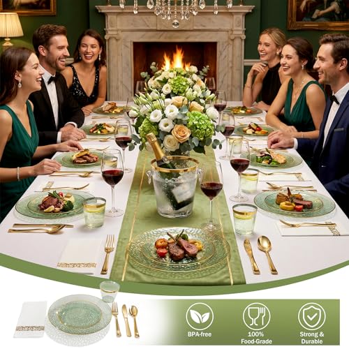 Sage Green Plastic Dinnerware Set for 25 Guests - 175 Pieces, Gold Rim & Hammer Pattern