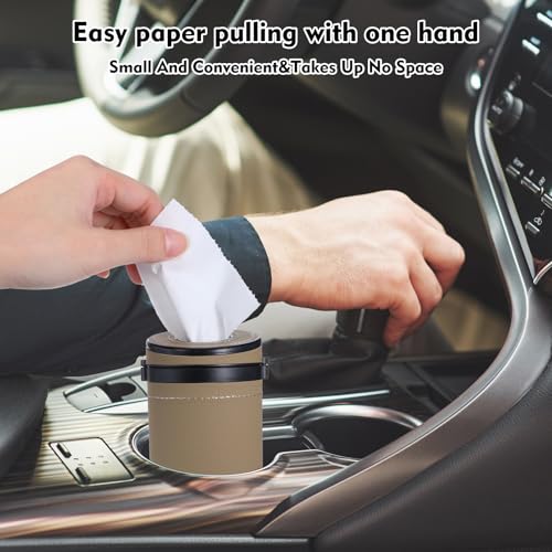 Car Tissue Holder - Premium PU Leather Cylinder Box with Window Breaker - Beige & Black