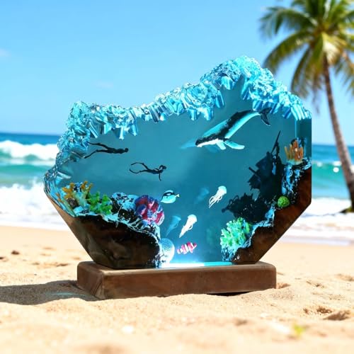 Drawelry Handmade Ocean Resin Lamp with Whale Diorama - Marine Underwater Decor, USB Powered, Coral Reef & Fish Scene for Bedroom & Desk - Whale Variation