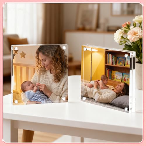 Vowcarol 5x5 Acrylic Magnetic Picture Frame, Double-Sided Clear Desktop Stand