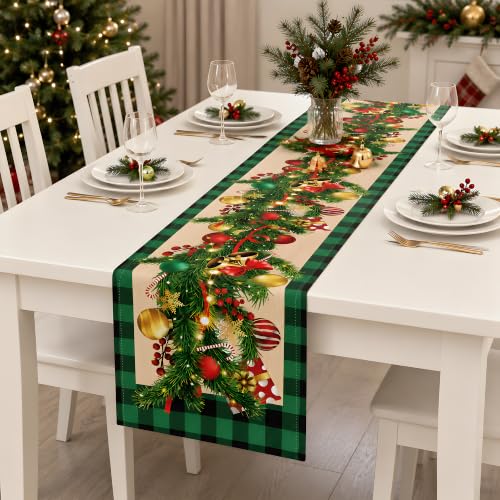 Christmas Ornament Bells Table Runner - Rustic Holiday Decor with Pine & Bells - 73x13 Inches