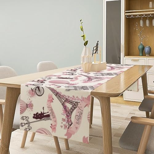 Pink Romantic Eiffel Tower Table Runner 13x36 Inches for Farmhouse Kitchen Dining