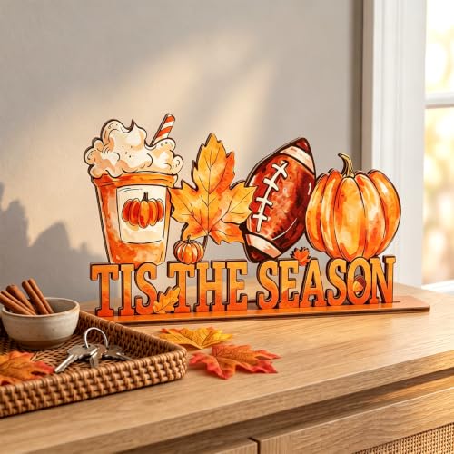 Autumn Football Decor Wooden Table Sign - Pumpkin & Maple Leaf