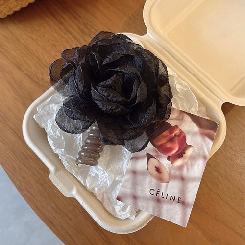Takemay Flower Telephone Wire Hair Ties 2Pcs - Beige & Black Spiral Bands