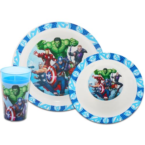 Avengers Dinnerware Set for Kids, Toddlers - 3 Pc Kitchen Accessories Bundle with Avengers Dinner Plate, Cup, Stickers, More | Avengers Flatware Set