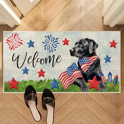 Patriotic Black Labrador Doormat 16x30 Inch - 4th of July Entryway Rug