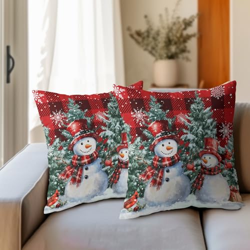 18x18 Inch Snowman Pillow Covers Set of 2 Red Check Christmas Holiday Decor