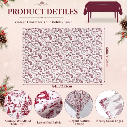 Christmas Toile Tablecloth 60x84 Inch Burgundy Vintage French Pattern
